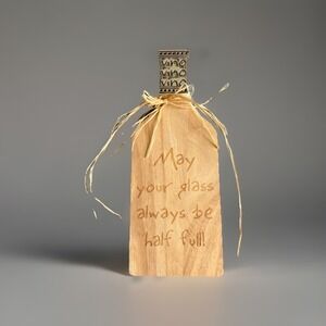 Wood Wine Bottle‎ Engraved Decor Art May You Glass Always Be Half Full 14x5 EUC
